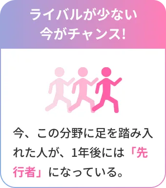 ライバルが少ない今がチャンス! 今、この分野に足を踏み入れた人が、1年後には「先行者」になっている。